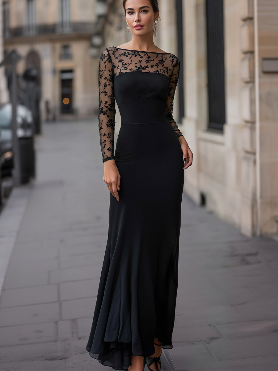 Embroidered Sheer-Panel Evening Gown