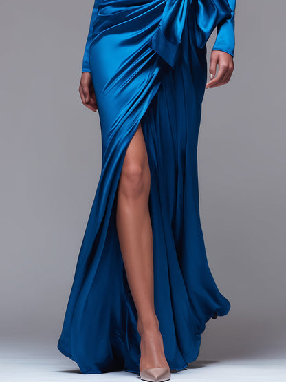 Sapphire Draped Satin Gown With Side Bow Detail And High Slit