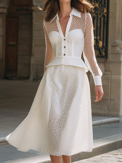 Polka Dot Blouse And Midi Skirt Set With Peplum Waist