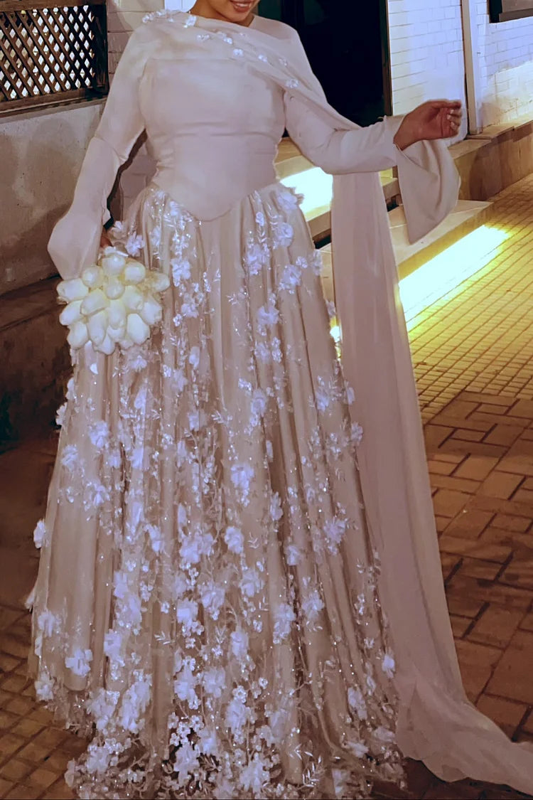 3D Floral Embroidery Corset Streamer Slit Cuff Party Maxi Dress