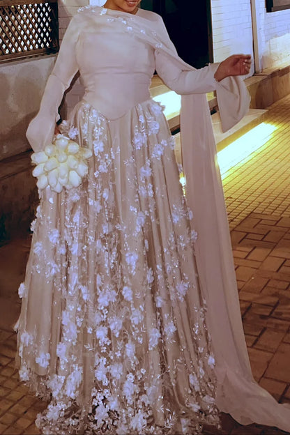 3D Floral Embroidery Corset Streamer Slit Cuff Party Maxi Dress