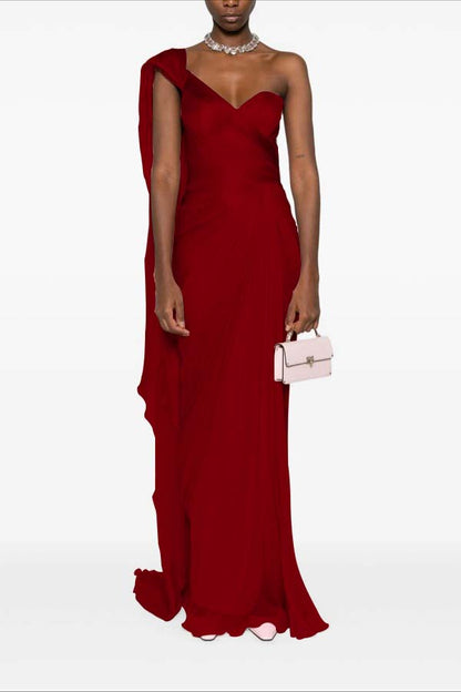 Asymmetric Neck One Shoulder Sleeveless Long Pleated Mermaid Prom Dress With Ruffles