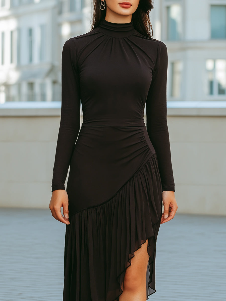Asymmetrical Ruffle Dress With High Neck