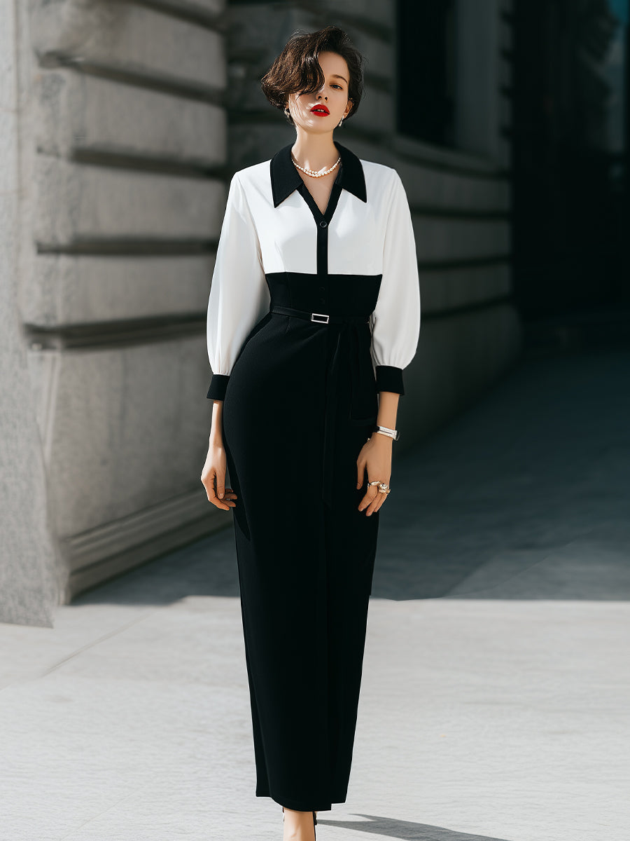 Elegant Contrast-Collar Long-Sleeve Maxi Dress