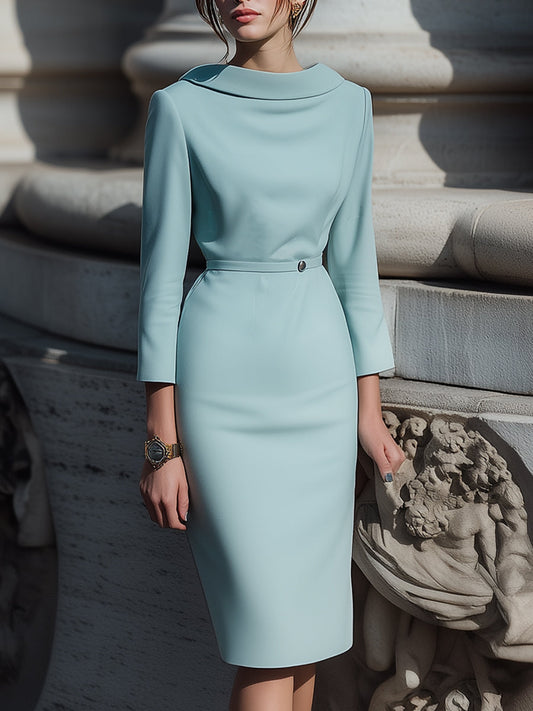 Draped Collar Pencil Midi Dress In Powder Blue