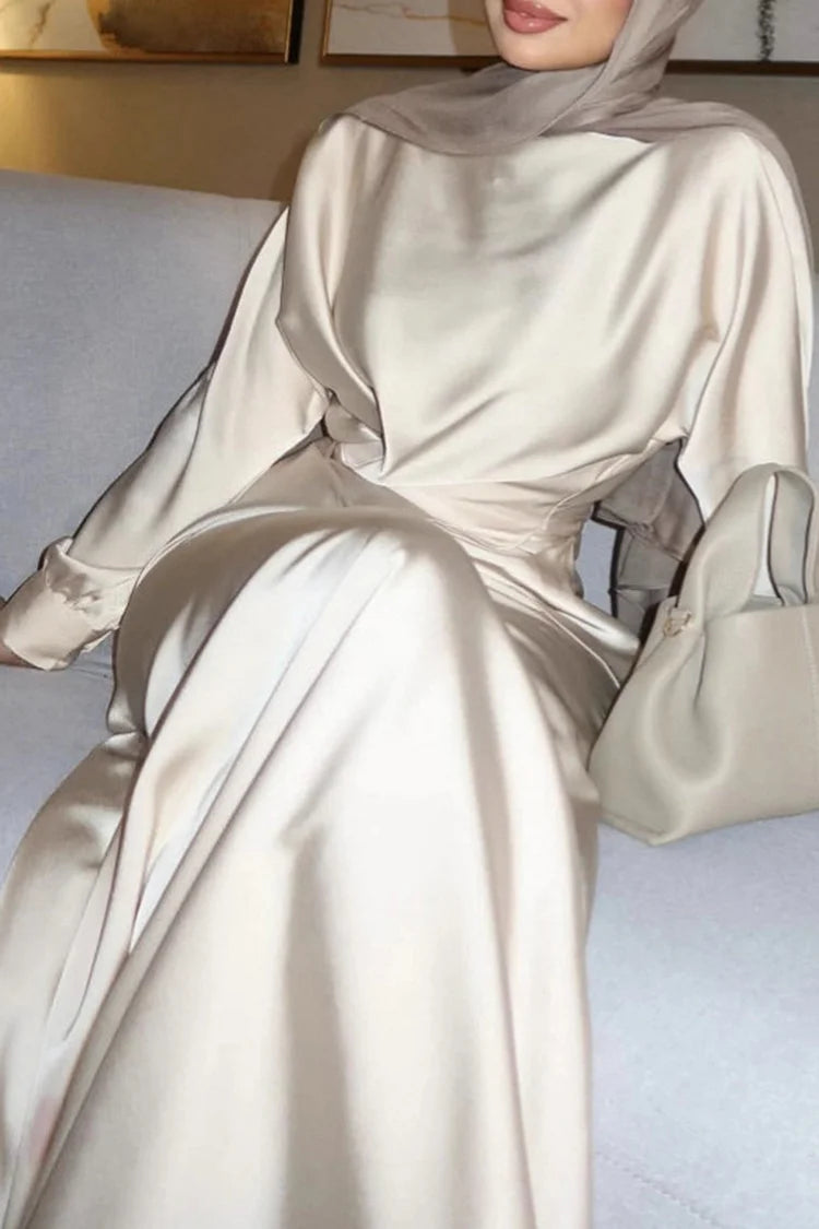 Solid Color Cinch Waist Long Sleeve Top Maxi Skirt 2pcs Set