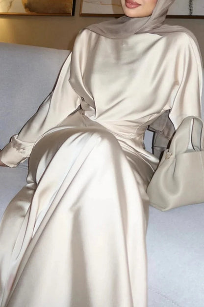 Solid Color Cinch Waist Long Sleeve Top Maxi Skirt 2pcs Set