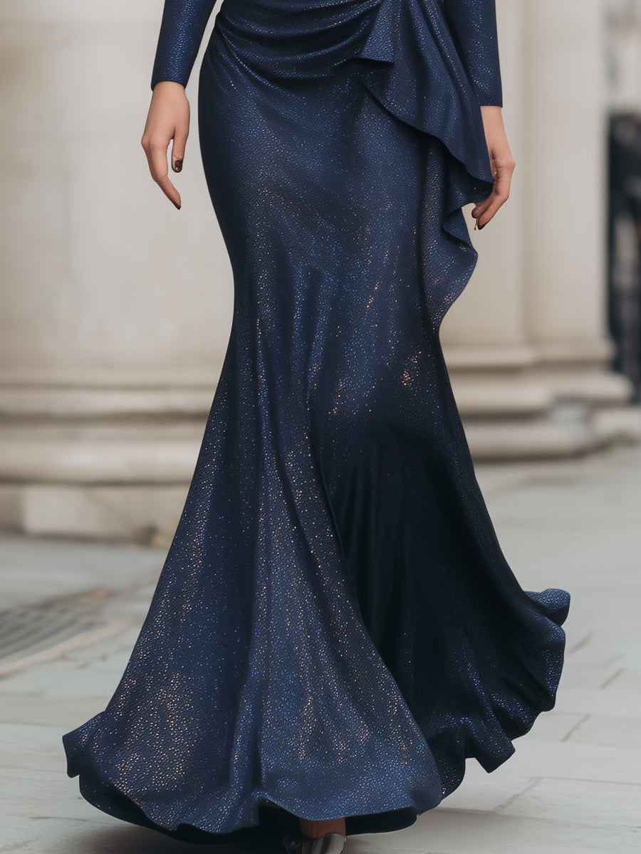 Shimmer Midnight Elegance Draped Mermaid Gown