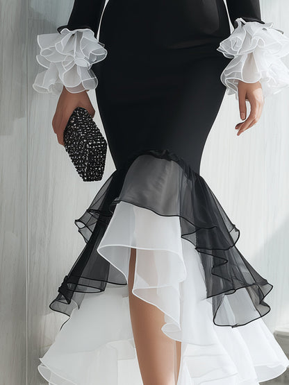 Black And White Asymmetric Ruffle Hem Gown
