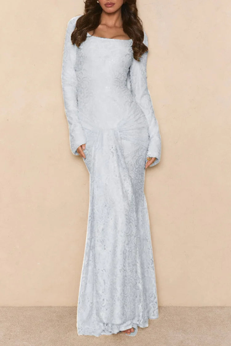 Jacquard Square Neck Backless Streamer Lace Party Maxi Dress