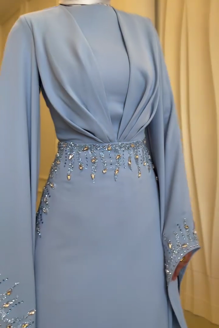 Hot Drilling Irregular Sleeve Pleated Party Maxi Dresses-Blue