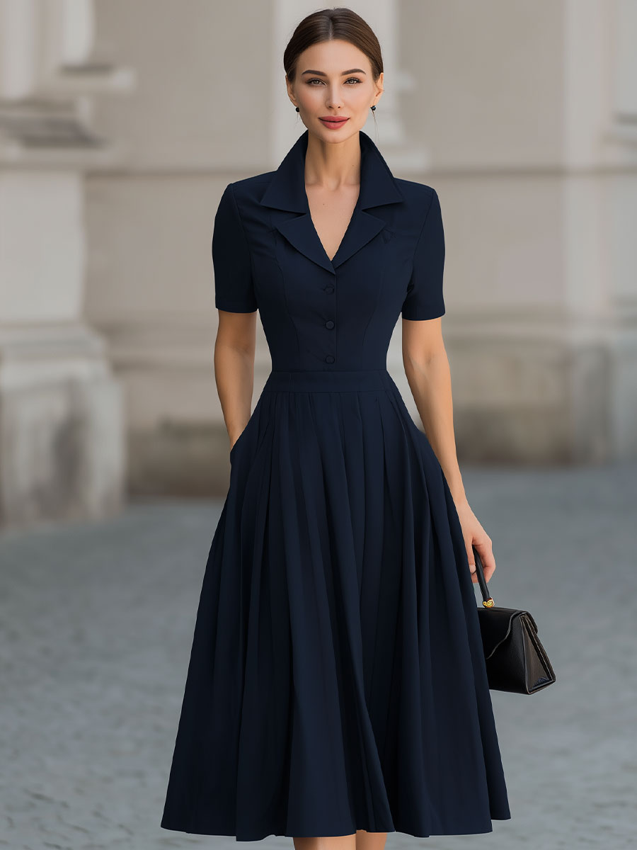 The Deep Navy Shirt Collar Fit-and-Flare Midi Dress