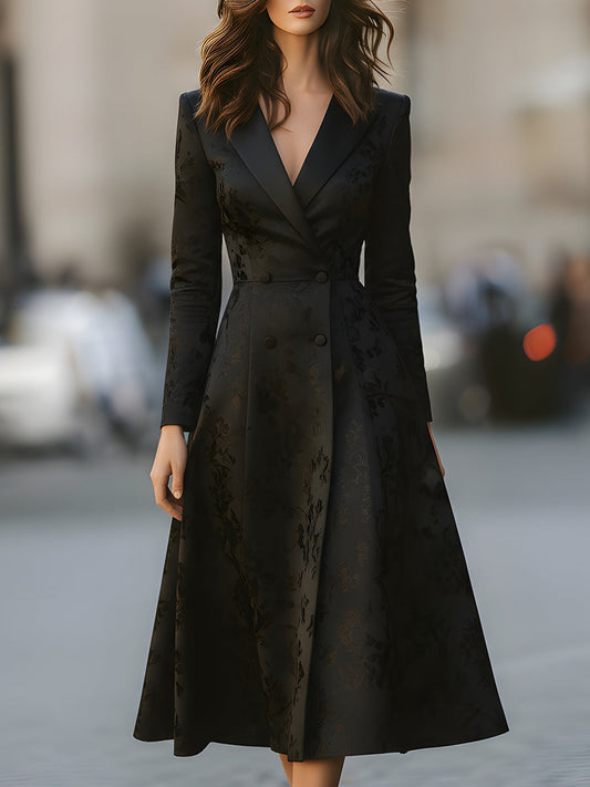 Black Floral Brocade Double-Breasted Coat Dress