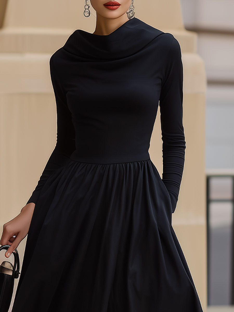 Sleek Black Cowl-Neck Long-Sleeve Midi Dress