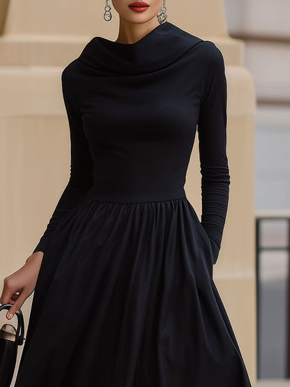 Sleek Black Cowl-Neck Long-Sleeve Midi Dress