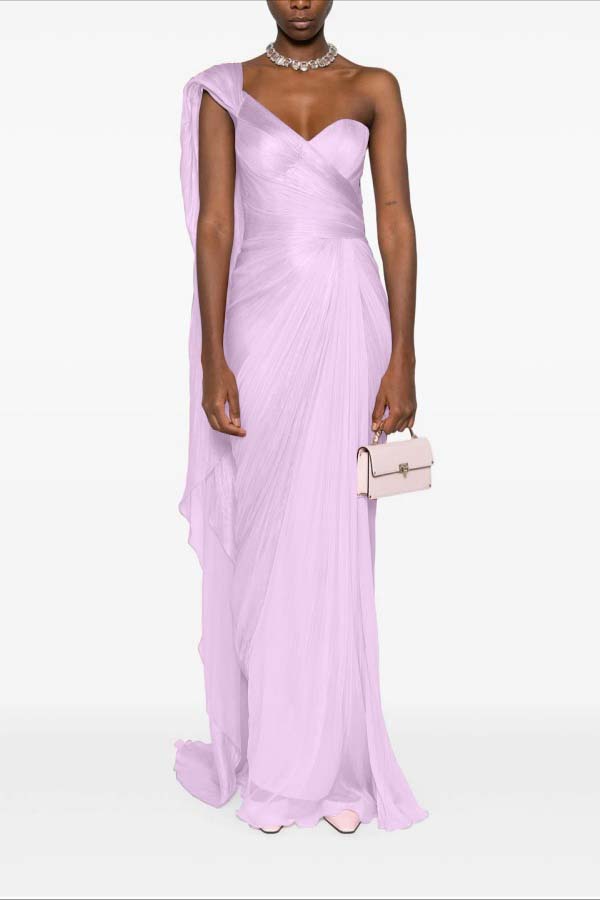 Asymmetric Neck One Shoulder Sleeveless Long Pleated Mermaid Prom Dress With Ruffles