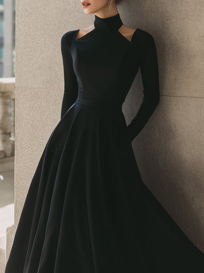 Black Cutout High-Neck Midi Dress