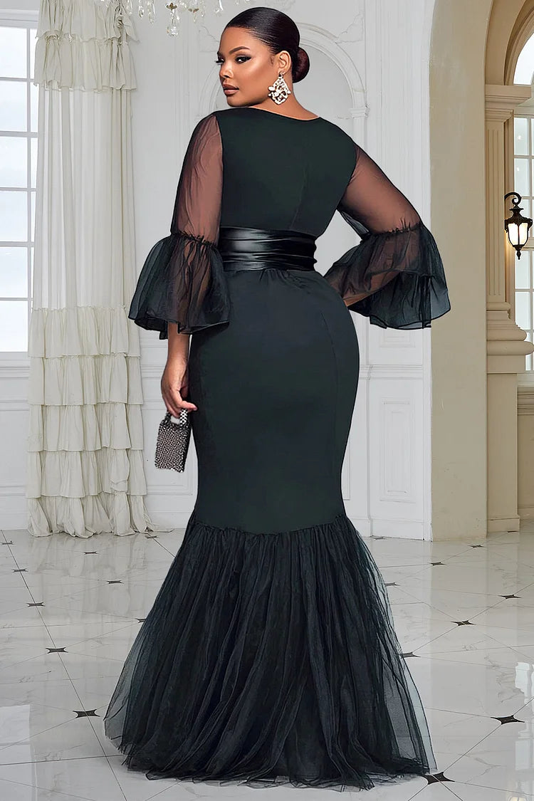 Formal Tulle Black Round Neck Flare 3/4 Sleeve Contrast Satin Maxi Dresses