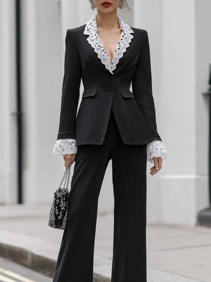 Lace-Trim Tailored Blazer And Wide-Leg Pants Two-Piece Set