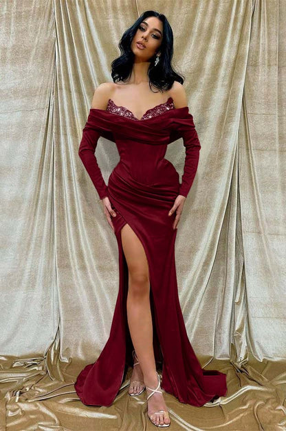 Off the Shoulder Long Sleeves Long Split Prom Dress With Beading