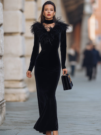 Glamorous Black Velvet Gown With Feather Accents
