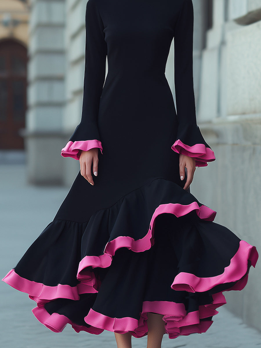 Chic Black Ruffled Gown With Fuchsia Trim