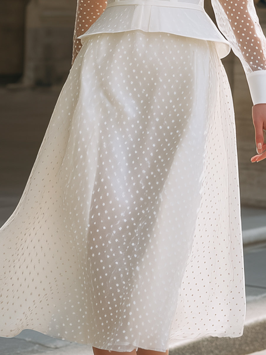 Polka Dot Blouse And Midi Skirt Set With Peplum Waist