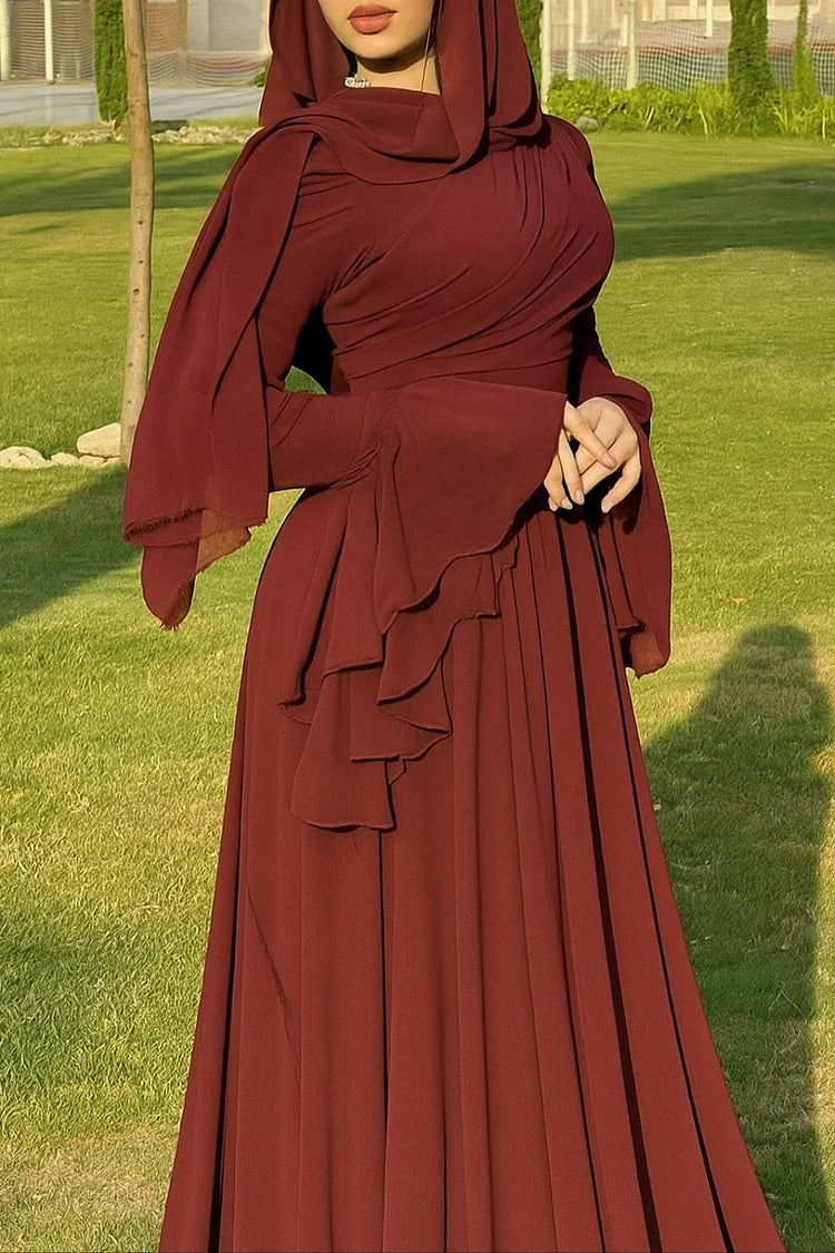 Plain Layered Flared Sleeve Cinch Waist Party Maxi Dress
