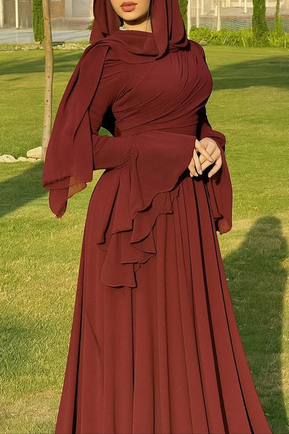 Plain Layered Flared Sleeve Cinch Waist Party Maxi Dress