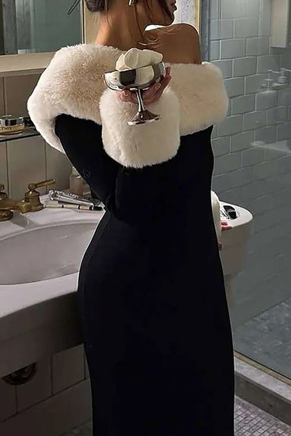 Fuzzy Patchwork Off Shoulder Slim Fit Colorblock Maxi Dress