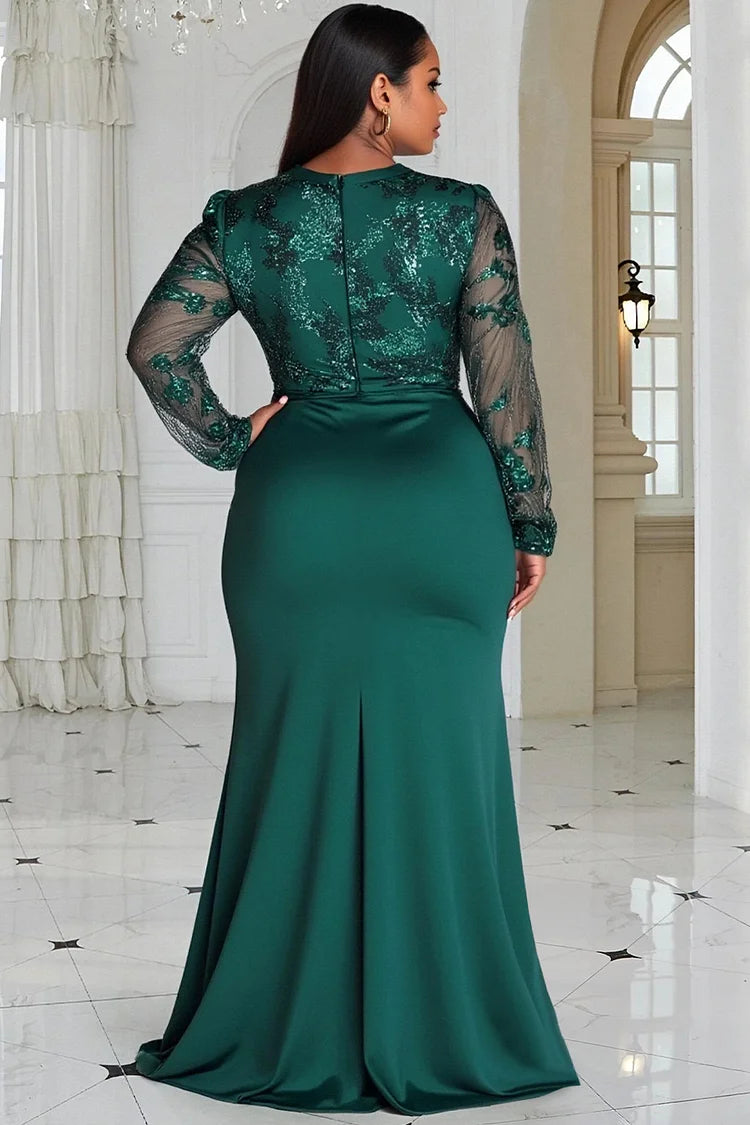 Green Round Neck Long Sleeve Split Elegant See Through Sequin Maxi Dress