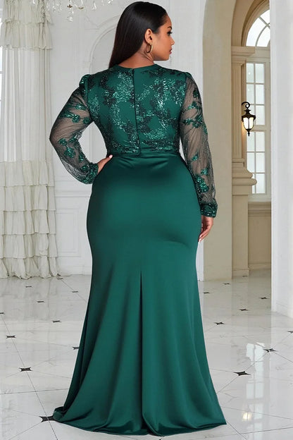 Green Round Neck Long Sleeve Split Elegant See Through Sequin Maxi Dress