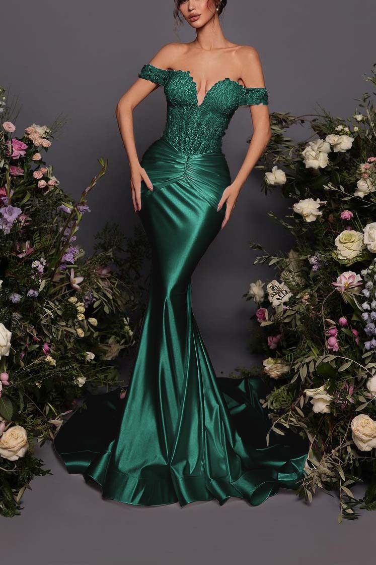 Off The Shoulder Sleeveless Long Mermaid Prom Dress With Pleated