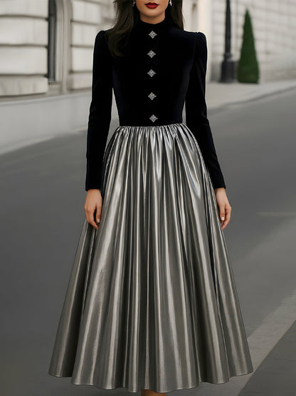 Velvet Button Font Pleated Evening Dress