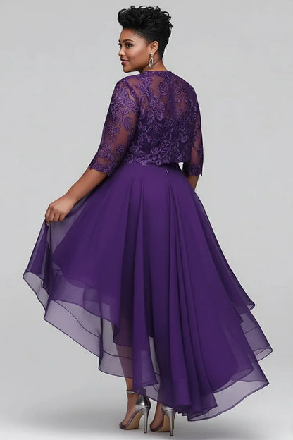 Mother Of The Bride Purple 3/4 Sleeve Asymmetric Hem Dress