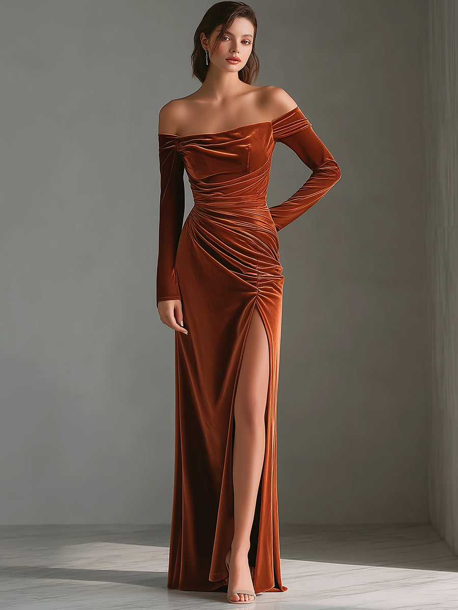 Rust Brown Off-Shoulder Velvet Ruched Gown With High Slit