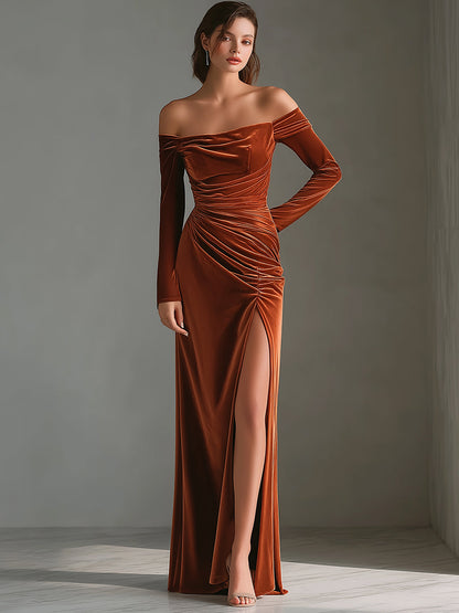 Rust Brown Off-Shoulder Velvet Ruched Gown With High Slit