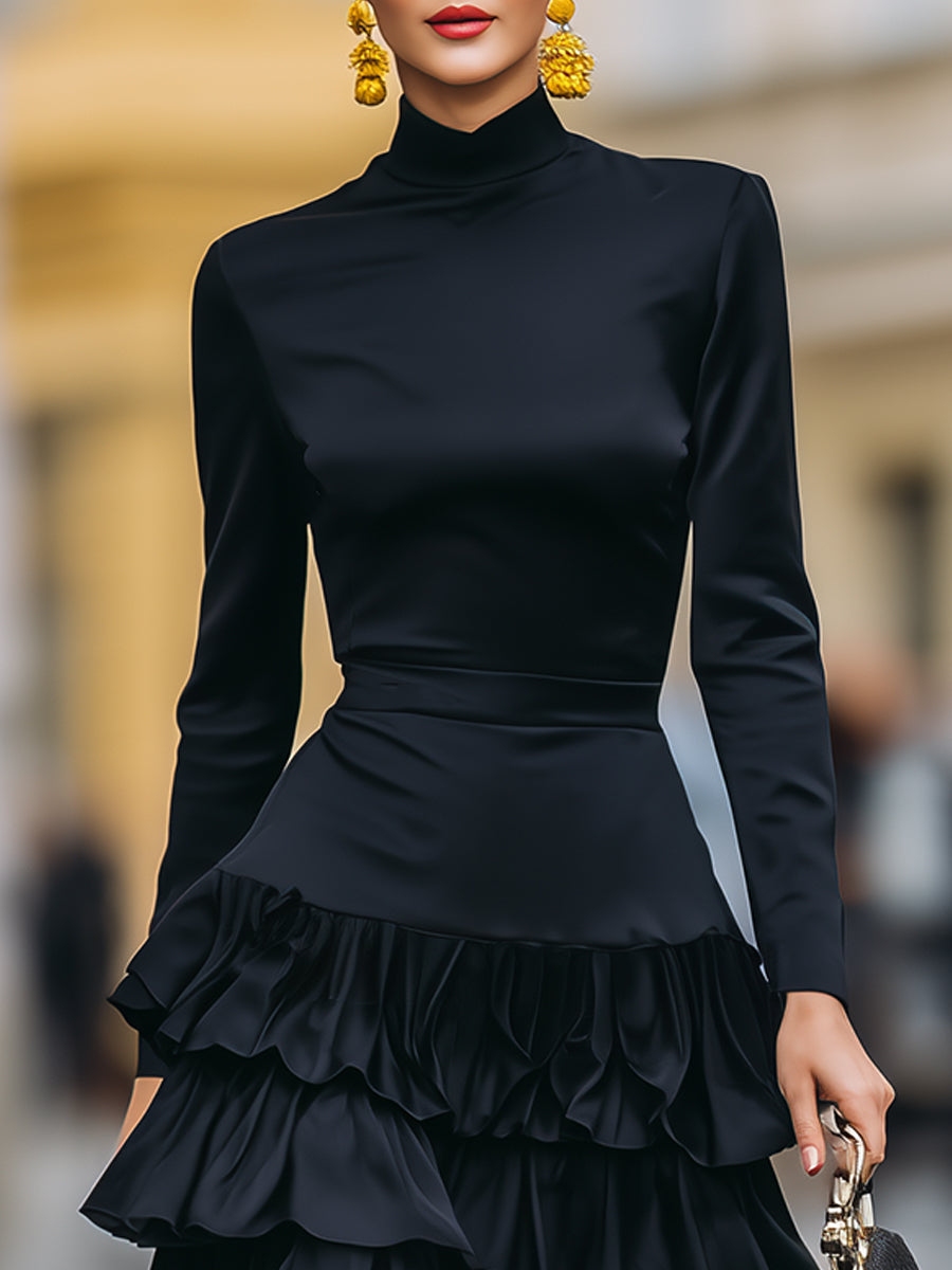 Elegant Mock Neck Tiered Ruffle Midi Dress