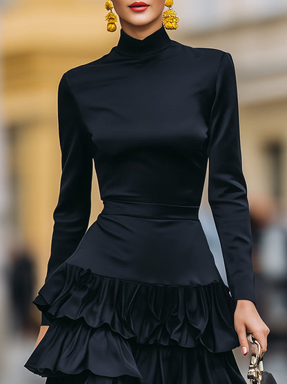 Elegant Mock Neck Tiered Ruffle Midi Dress