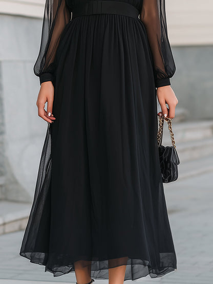 Black Sheer Bow-Neck Chiffon Midi Dress