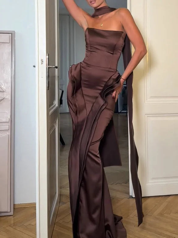 Tube Top Strapless Sleeveless Pleated Satin Ruffled Floor-Lengh Mermaid Evening Dress