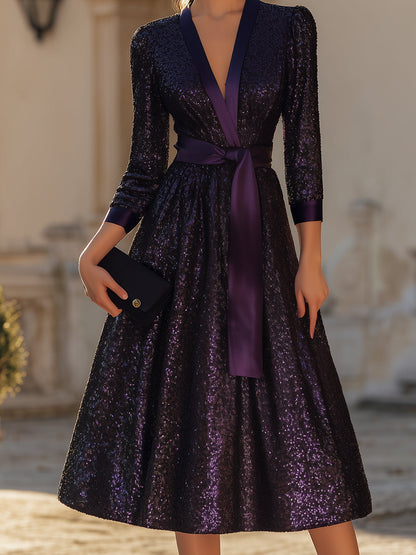 Deep V-Neck Belted Midi Dress