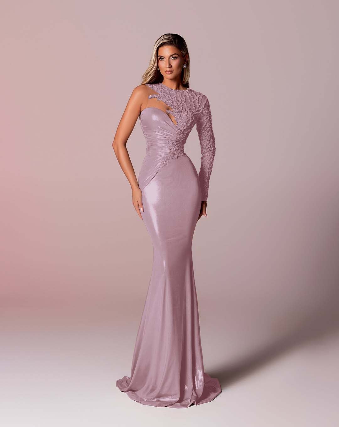 Asymmetric Neckline Single-Sided Long Sleeve Long Mermaid Prom Dress