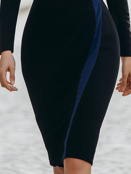 Elegant Black And Blue Side Panel Bodycon Dress