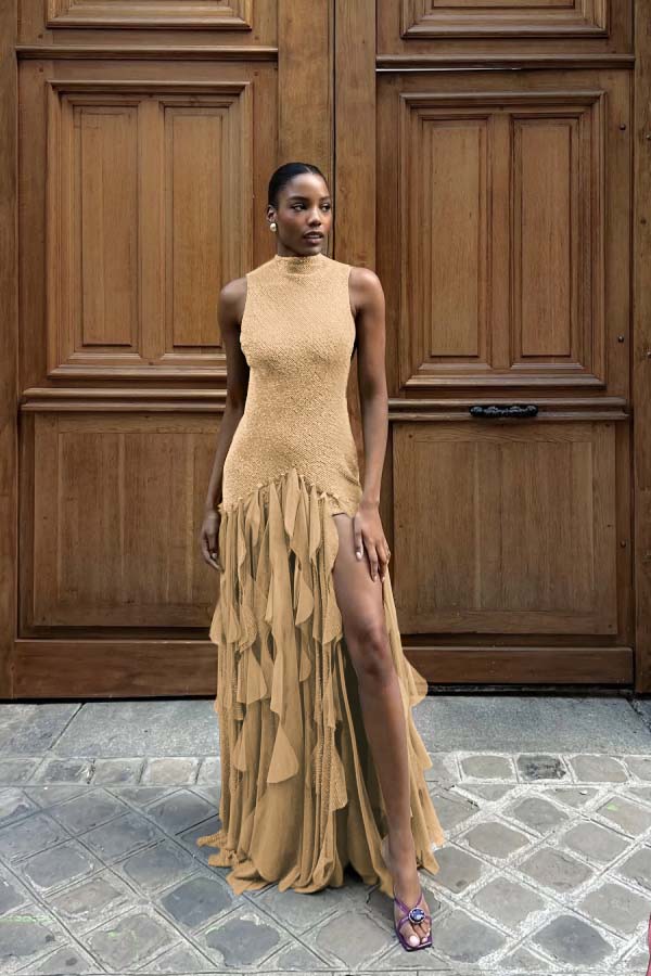 High Neck Sleeveless Long Mermaid Prom Dress With Split Ruffles