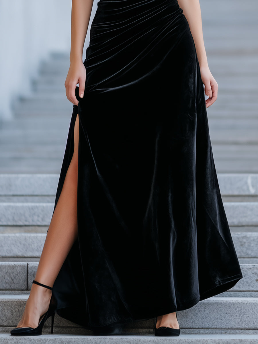 Asymmetric One-Shoulder Velvet Gown With Ruched Detailing