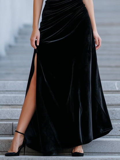 Asymmetric One-Shoulder Velvet Gown With Ruched Detailing