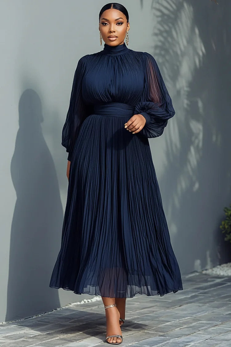 Mock Neck Lantern Sleeve Long Sleeve See Through Elegant Ruffled Midi Dress