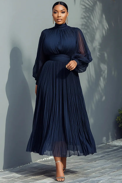 Mock Neck Lantern Sleeve Long Sleeve See Through Elegant Ruffled Midi Dress