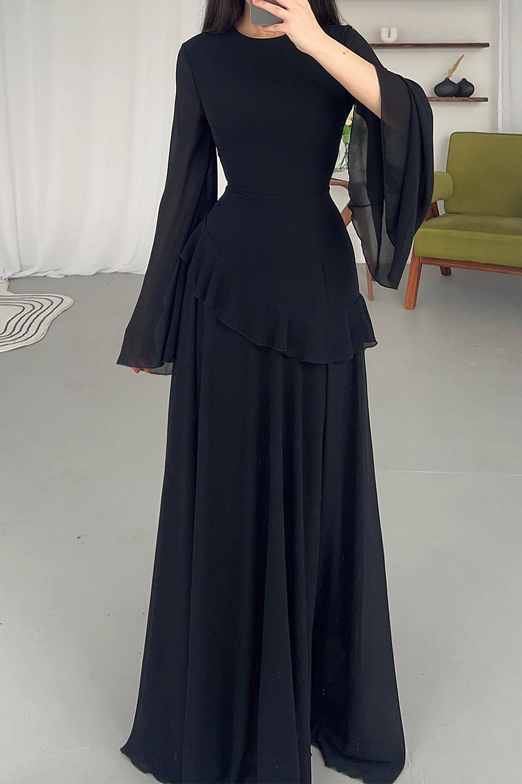 Round Neck Flare Sleeve Ruffled Solid Color Maxi Dresses